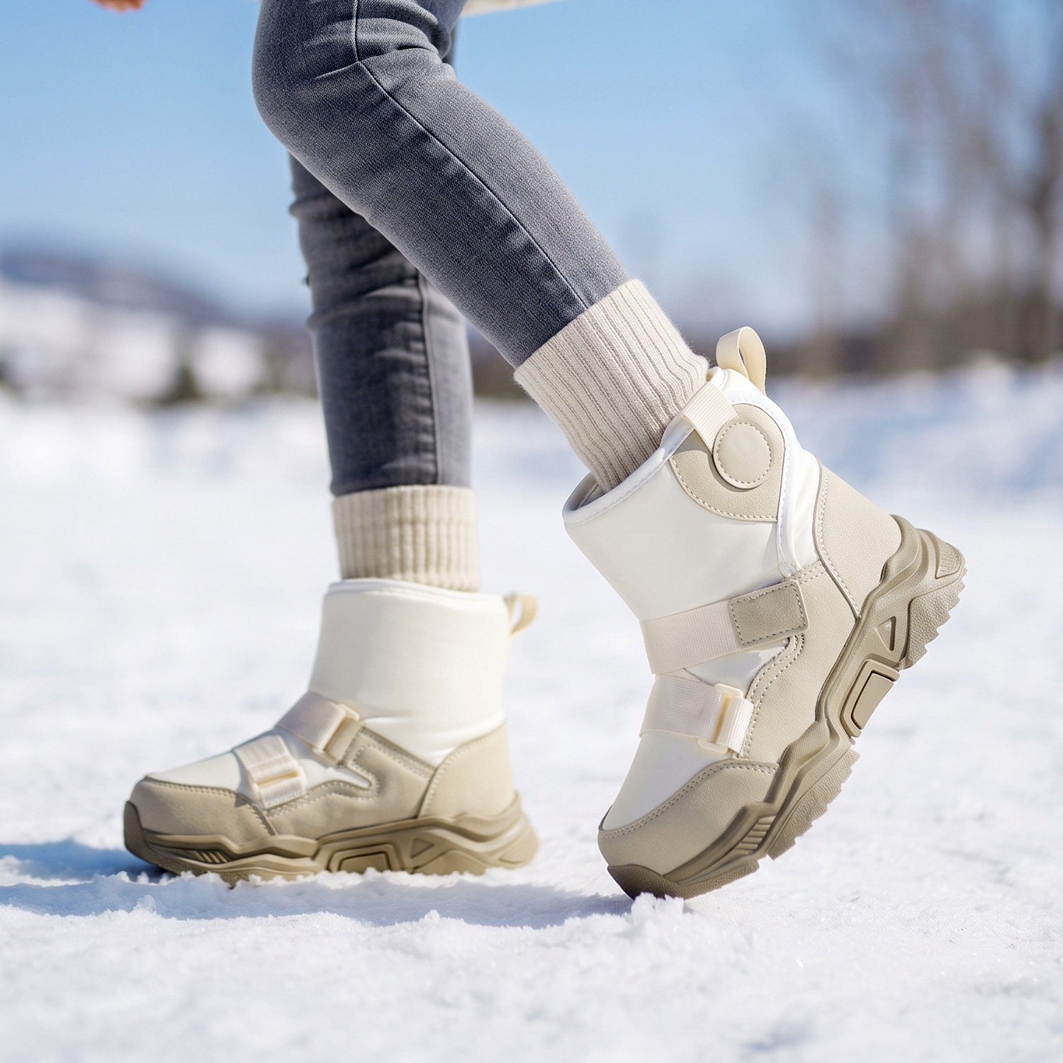 女童中筒加绒保暖防滑雪地靴