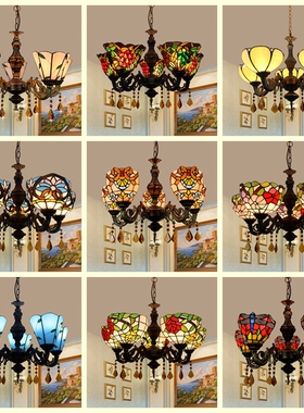 欧琈蒂凡尼彩色玻璃客餐厅卧室酒吧地中海5头水晶琉璃吊灯服装店