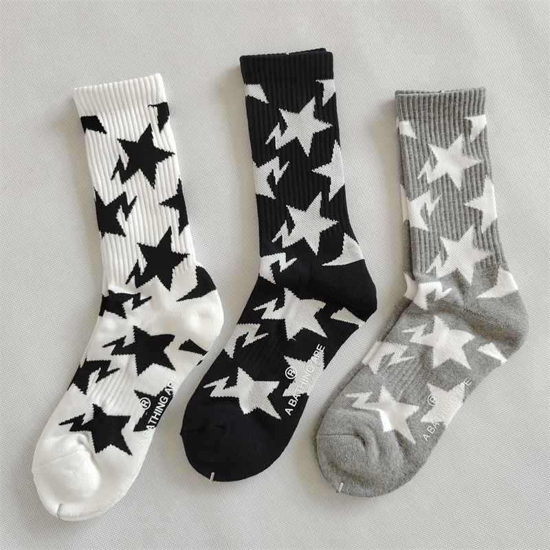 日系五角星字母袜子双杠条纹男女纯棉中高筒加厚毛巾底运动袜长袜
