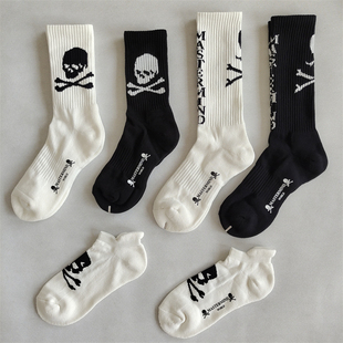 日本骷髅头袜子男女短袜黑白色纯棉中高筒加厚毛巾底运动袜船袜潮