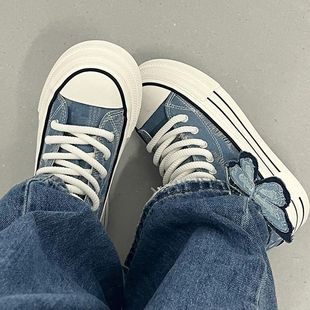 蝴蝶高帮厚底帆布鞋女2025春季新款百搭小白鞋小众原创休闲板鞋女