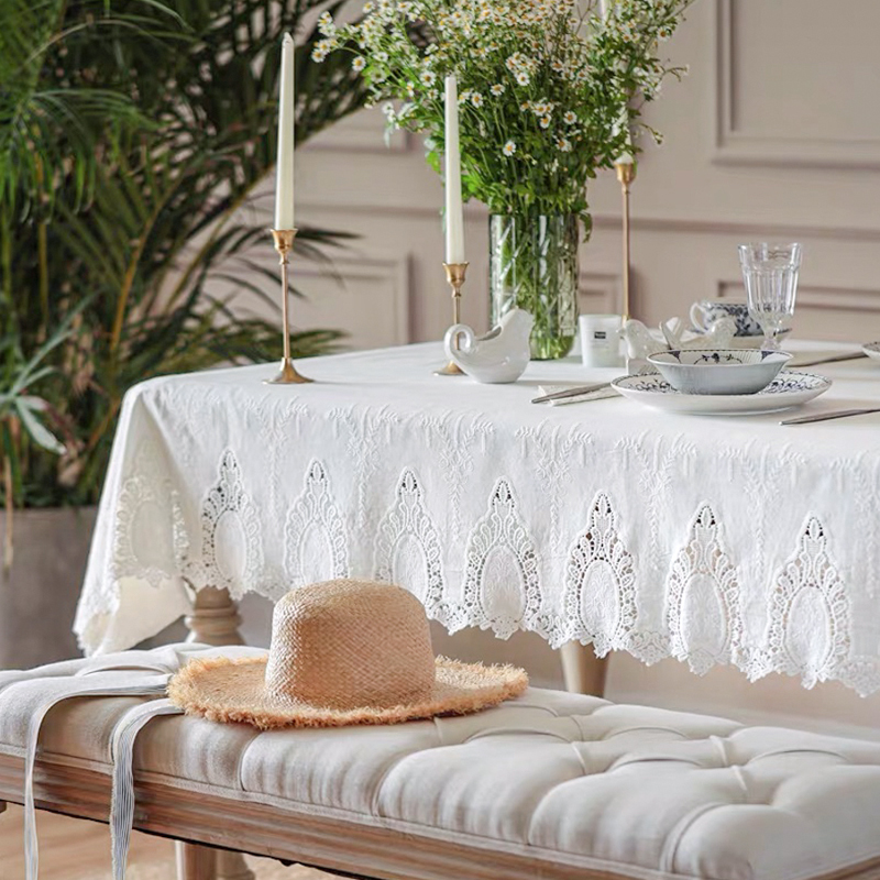 MISS PEONY白色棉麻防水防油桌布法式镂空蕾丝轻奢北欧美式餐桌垫