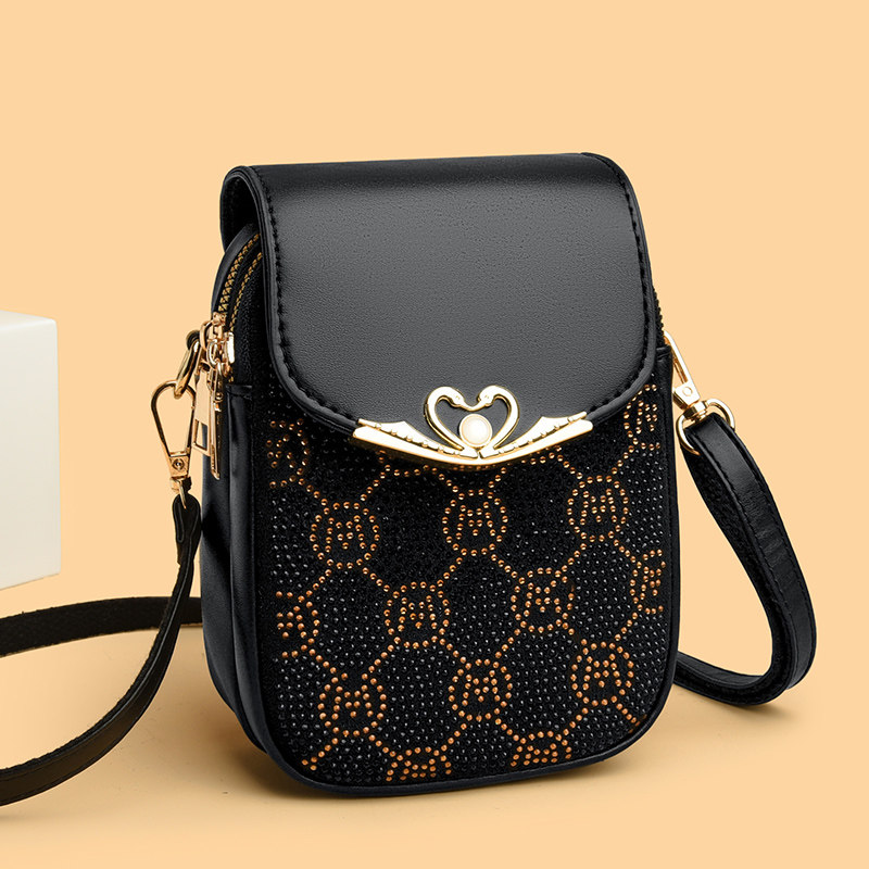 高级感真皮斜挎小方包包女2026新款头层牛皮镶钻手机包百搭单肩包