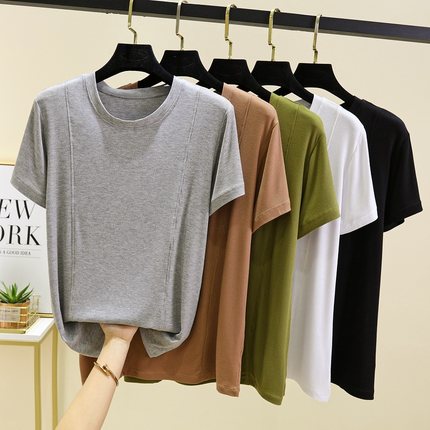 圆领上衣女夏百搭显瘦短袖T恤大码莫代尔打底衫纯色修身薄款内搭