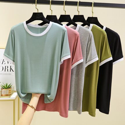 莫代尔短袖女夏圆领T恤薄款大码外穿半袖上衣纯色宽松休闲打底衫