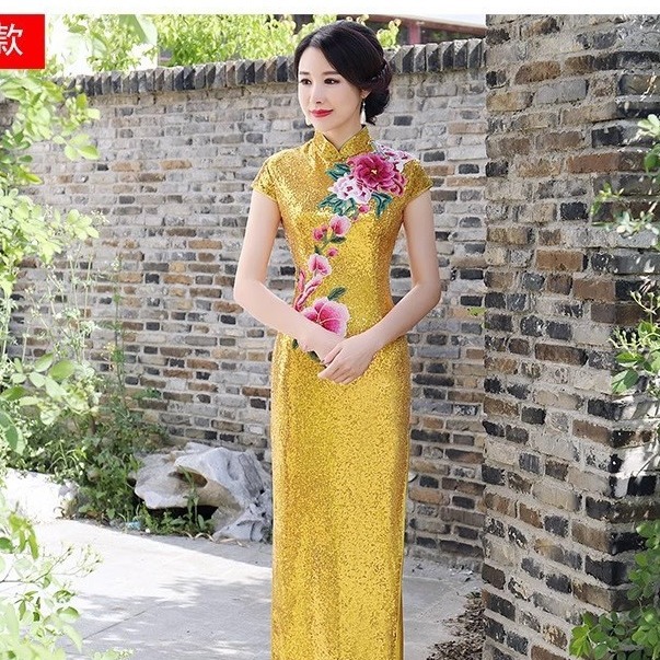 爱24走秀新款亮片旗袍复古修身中国风加大尺码演出舞台主持旗袍裙