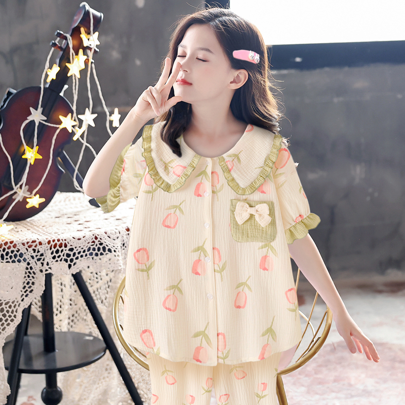 女童日系可爱娃娃领印花纯棉纱布睡衣女夏季甜美可外穿家居服套装