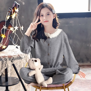 条纹女孩女宝空调服儿童公主风套装 女童睡衣春秋纯棉2025新款 长袖