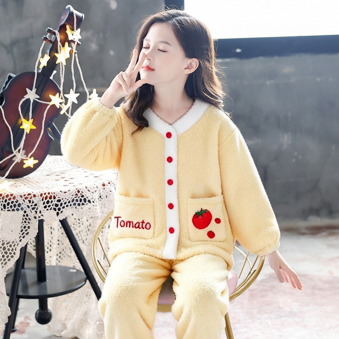 女童睡衣冬季2025新款加厚开衫保暖珊瑚绒女甜美中大童家居服套装