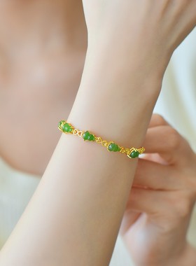 天然玉石s925银镀金镶和田玉碧玉葫芦手链精美漂亮果绿女时尚饰品