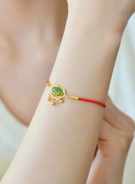 天然玉石s925银镀金镶和田玉碧玉手链平安锁镶钻福字女款时尚礼物