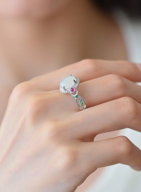 天然玉石s925银镀金2色镶和田玉白玉蛋面珐琅戒指圈口可调节女戒