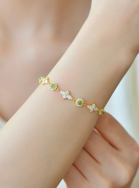 天然玉石s925银镀金镶和田玉碧玉手链镶嵌钻石漂亮时尚女友礼物