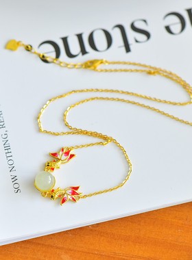 天然玉石s925银镀金镶和田玉白玉年年有余自生链吊坠毛衣链项链