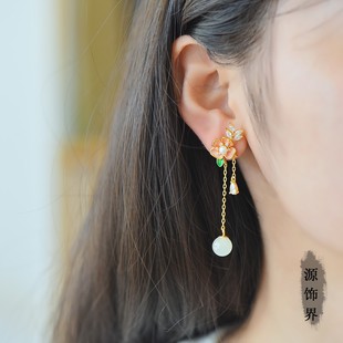 天然玉石s925银镶和田玉8mm珠子镶钻珐琅耳坠黄金花朵耳环耳钉女