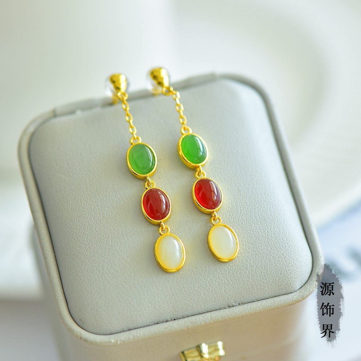 天然玉石s925银镀金镶和田玉白玉碧玉玛瑙多宝耳坠耳钉耳环蛋面女