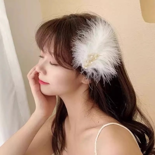 发饰超仙气羽毛发夹汉服配饰白色头饰网红同款古风边夹子发卡森系