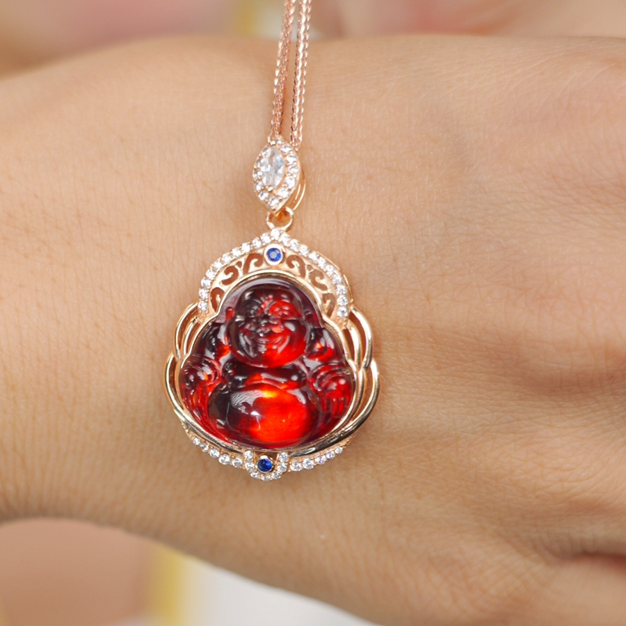 墨西哥天然红蓝珀弥勒佛纯银镶嵌平安吊坠厚装佛公大肚男女挂件