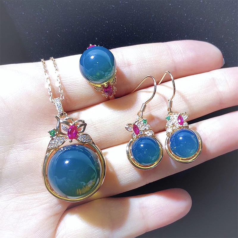 天然正品墨西哥蓝珀吊坠项链蜜蜡戒指耳钉耳钩女款三件套装豪华