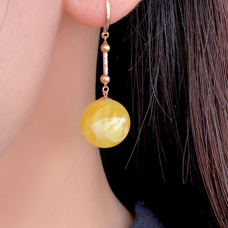 天然蜜蜡耳坠圆珠俄罗斯满蜜鸡油黄18K金玫瑰耳环耳钩耳挂饰耳线