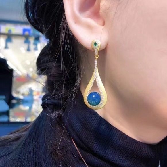 正品天然墨西哥蓝珀圆珠耳坠琥珀蜜蜡耳钉纯银s925耳环5A净水