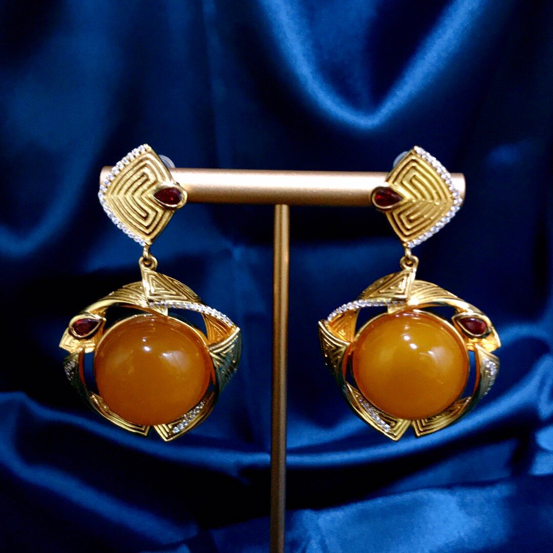 天然蜜蜡欧式风格蜜蜡耳钉精工豪华镶嵌老蜜蜡机油红耳坠耳挂耳环