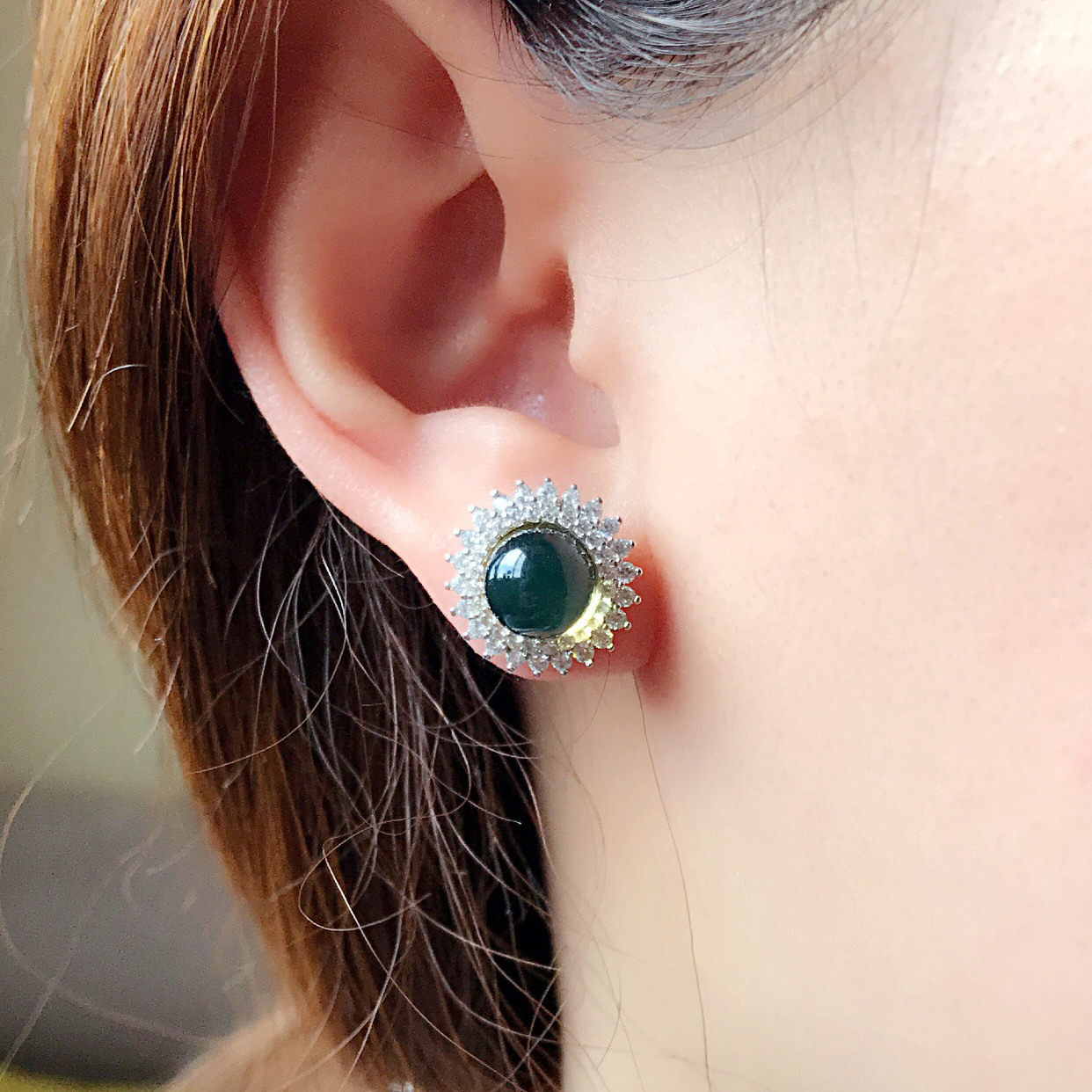 天然墨西哥蓝珀耳钉 5A净水经典戴妃款精品满钻耳钉纯银耳饰品