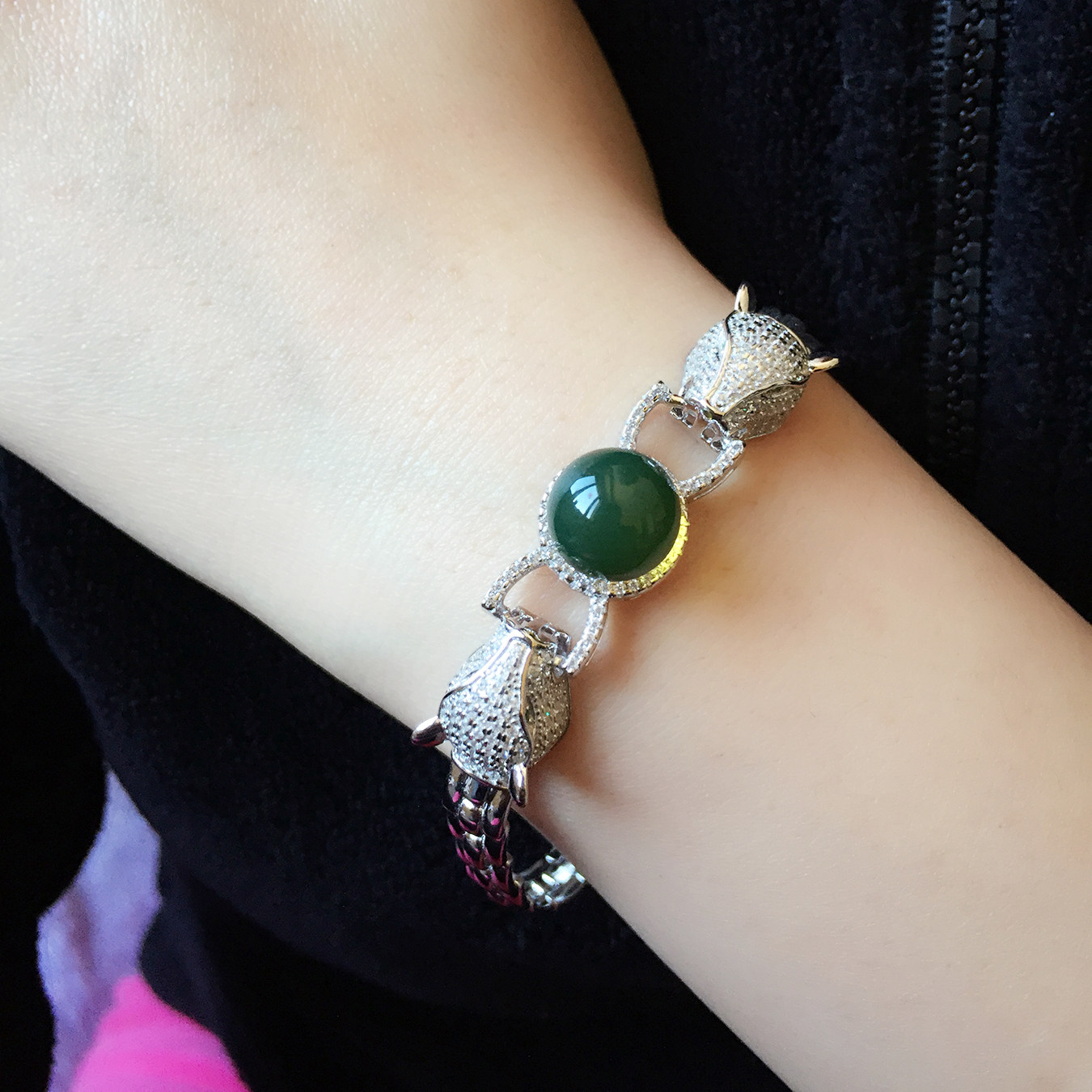 保真天然墨西哥蓝珀双头豹子手链琥珀蜜蜡手串手镯镶嵌银S925女