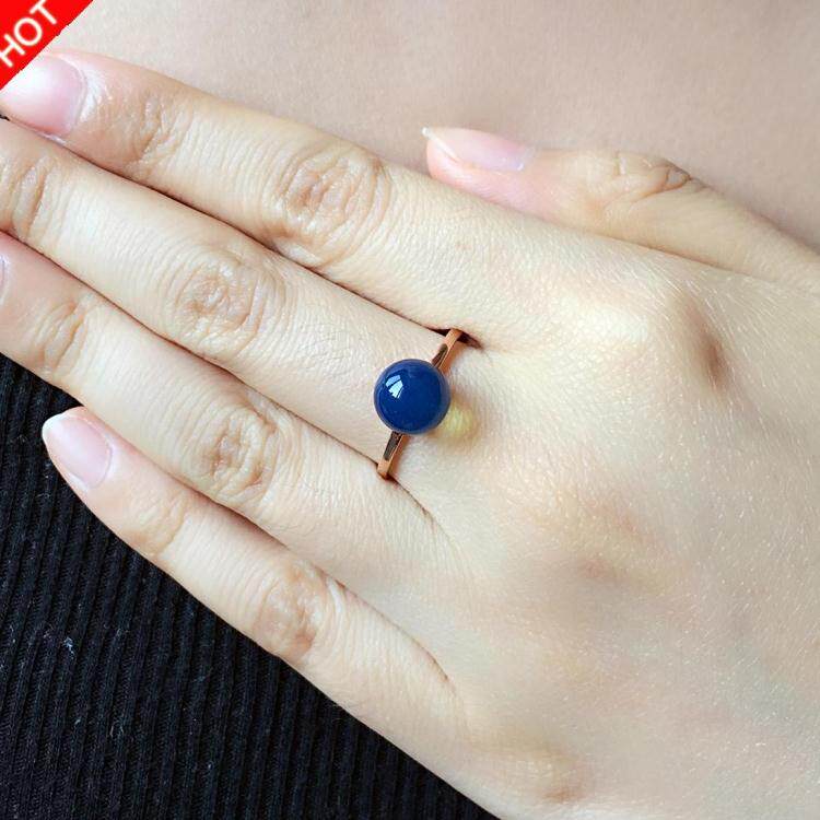 保真天然多米尼加蓝珀圆珠戒指女款戒子18K玫瑰金镶嵌配国检证书