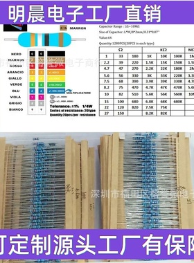 64种阻值1280PCS 1ohm-10Mohm 金属膜电阻器电阻器套件1280个