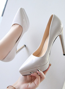 防水台高跟鞋女12CM漆皮尖头细跟浅口不累脚礼仪工作单鞋红色婚鞋