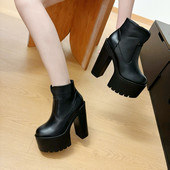 增高15cm秋冬粗跟防水台短靴夜场小个子恨天高厚底裸靴超高跟女靴