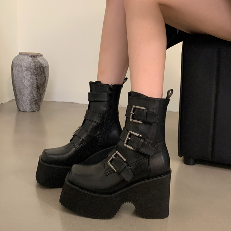 坡跟马丁靴内增高厚底松糕鞋方头