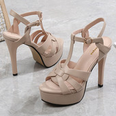 夏季 子 女防水台杏色露趾一字扣带性感12cm走秀鞋 超高跟鞋 细跟凉鞋