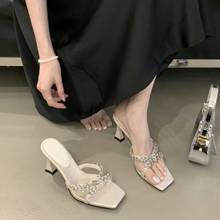 夏季名媛风方头高跟凉鞋交叉水钻链条高级感百搭露趾凉拖鞋女细跟