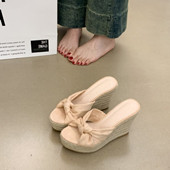 女 10cm超高跟女鞋 夏季 小个子厚底坡跟凉拖鞋 草编外穿凉鞋 一字拖