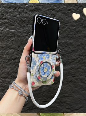 OU【小众蓝色油画花朵磁吸支架皮质手提绳】适用三星GalaxyZflip7/6/5/4折叠屏手机壳新款翻盖防摔保护套男女