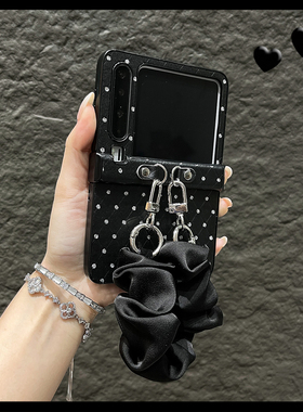 OU【网红菱格点钻黑色丝巾手提】适用华为Purax/P50pocket折叠屏手机壳高档潮牌新款翻盖防摔保护套男女小众