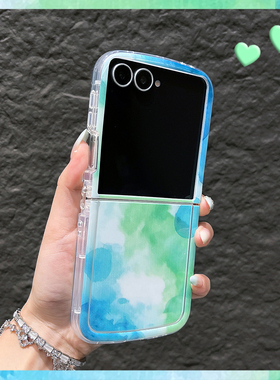 OU【潮牌蓝绿色水彩晕染】适用于三星GalaxyZflip7/6/5/4折叠屏手机壳新款简约翻盖网红防摔保护套创意男女款
