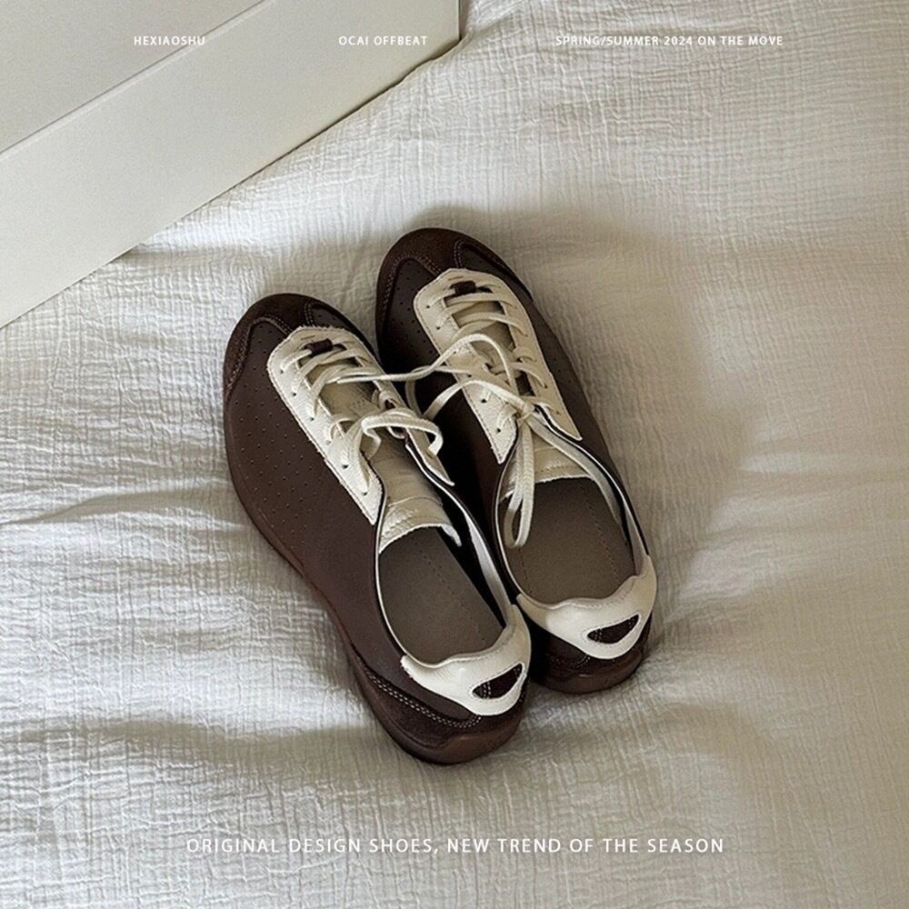 韩国2026牛皮芭蕾德训鞋软底女鞋新款小众休闲拼色复古运动鞋系带