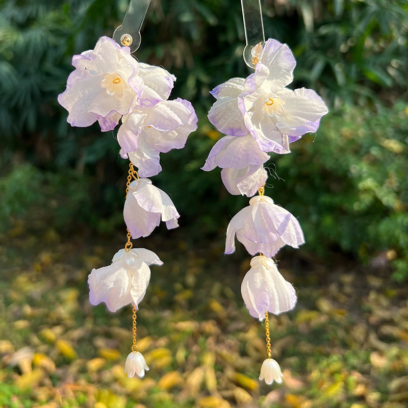 悦己原创||复古花朵夸张淡紫色耳环女长款流苏耳饰无耳洞耳夹耳钉