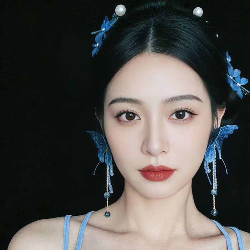 悦己||蝴蝶流苏长款夸张蓝色耳饰女高级感耳环无耳洞耳夹耳钉秋冬