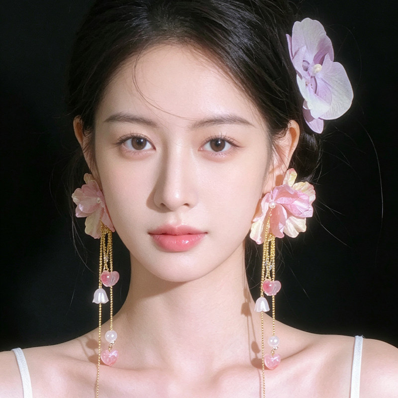 悦己粉色花朵长款流苏夸张耳饰女度假风耳钉无耳洞耳夹高级感耳环