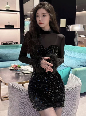 亮片丝绒连衣裙秋冬高级感网纱拼接收腰显瘦生日party小礼服短裙