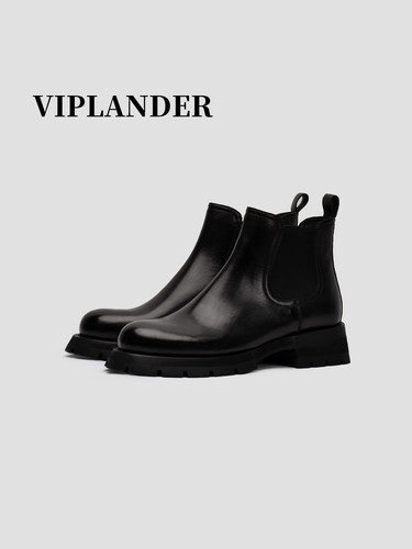 viplander 冬季男靴新款植鞣牛皮厚底增高英伦短靴切尔西靴男皮鞋