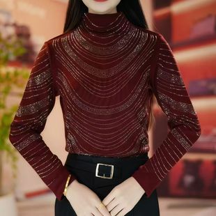 显洋气简约百搭保暖新款 冬季 打底上衣修身 女士半高领线钻长袖 时尚