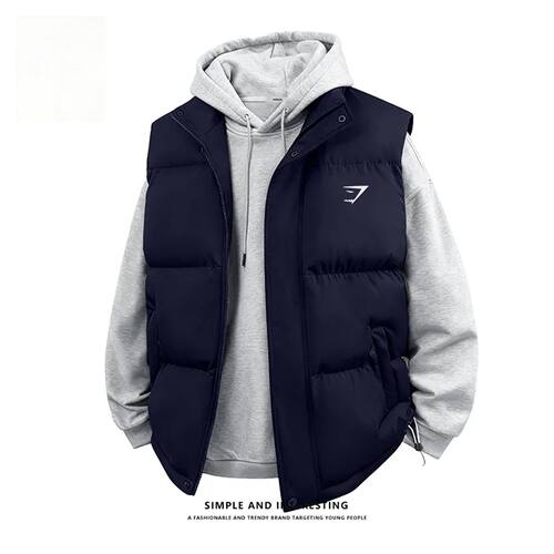 鲨鱼藏青色棉服马甲男款冬季加绒加厚潮牌立领棉衣外套