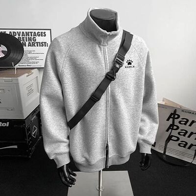 KE美式开衫卫衣男女秋冬重磅休闲运动立领宽松外套潮流ins痞帅