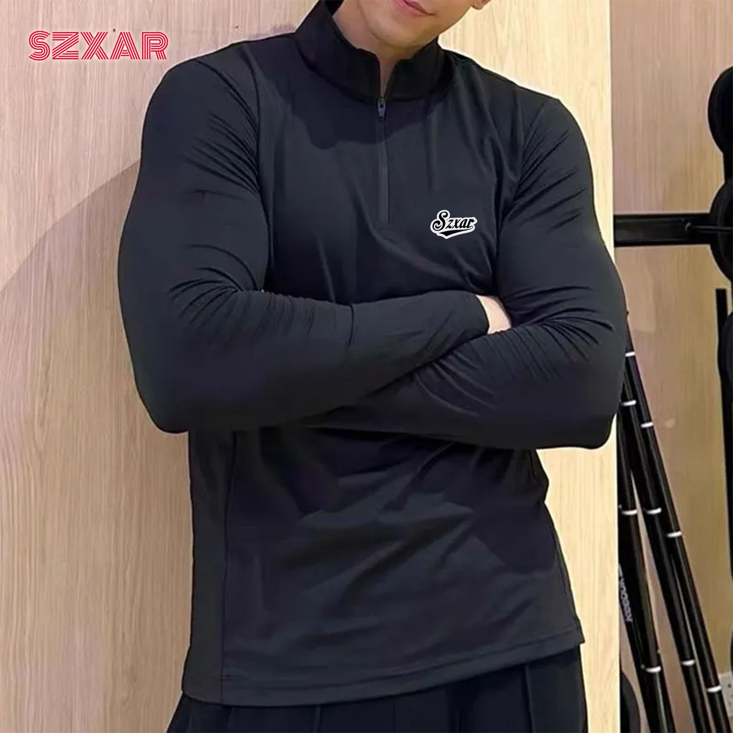 SZXAR运动长袖紧身衣男训练半拉链跑步健身户外登山轻薄透气速干