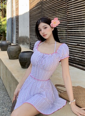 泳衣女新款大码胖mm遮肉显瘦粉紫色修身泳装平胸泡温泉连体游泳衣